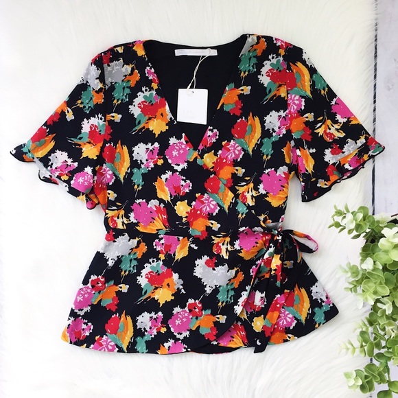 Zara Tops - ZARA Black Pink Floral Wrap Short Sleeve Top #583